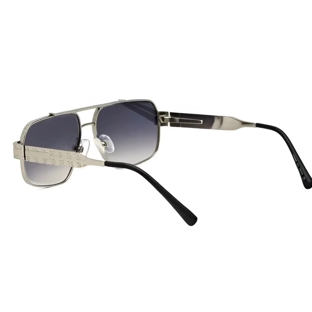 Mens Silver Square Aviator‎ Sunglasses Smoke Gradient Lens Engraved Metal Frame
